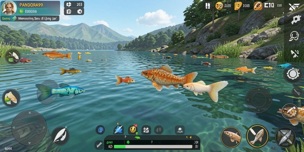 Antarmuka pengguna PANDORA99 saat memancing yang menarik dan interaktif.